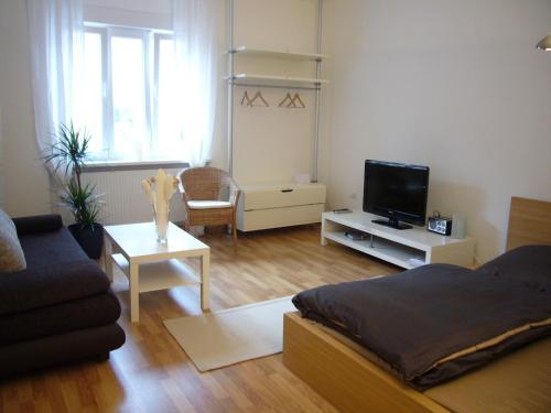 sala de estar con cama y TV en Apartments Thommen, en Núremberg