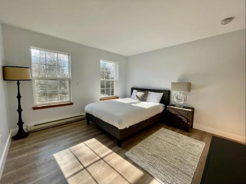 um quarto com uma cama, 2 janelas e um tapete em Modern Poconos home, game room, pool, waterparks em Albrightsville
