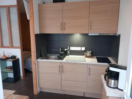 Elle comprend une petite cuisine avec des placards en bois et un évier. dans l'établissement Location Studio indépendant avec terrasse ,les vignes d'élian, à Saint-Médard-en-Jalles