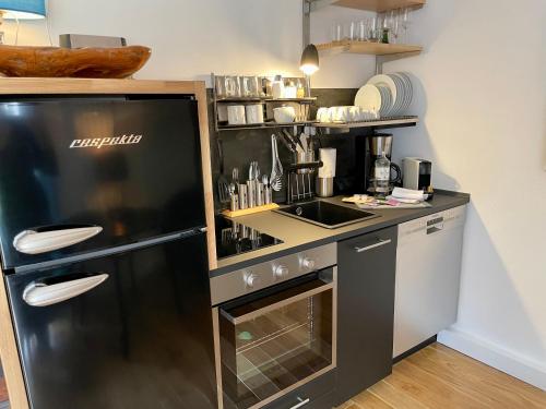 uma cozinha com um frigorífico preto e um lavatório em Elbsleep em Dömitz