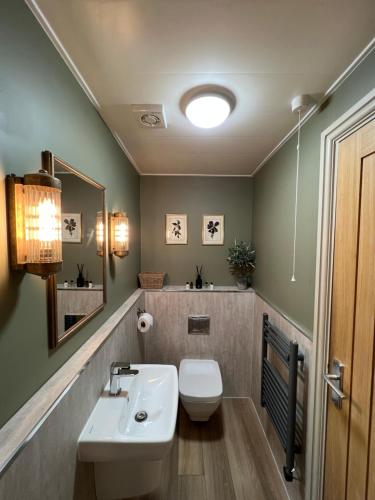 uma casa de banho com um WC branco e um lavatório. em The Red Lion Inn Alnmouth em Alnmouth
