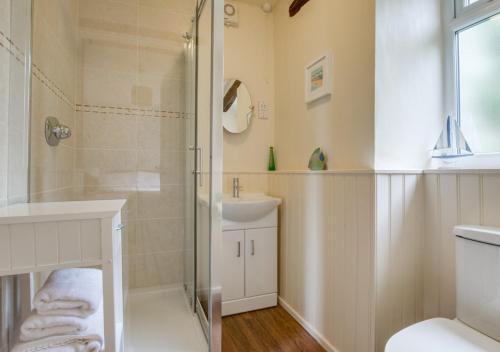 a bathroom with a shower and a sink at The Dairy in Llanerchymedd