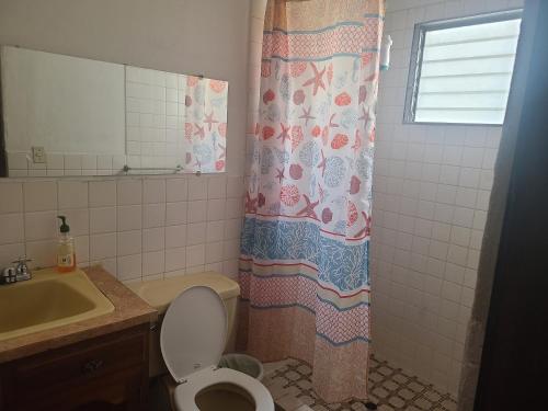a bathroom with a toilet and a shower curtain at Hospedaje Casa de Luna in Tegucigalpa