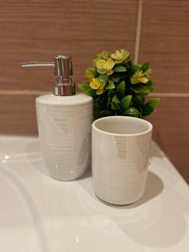 a white soap dispenser and a cup on a sink at Sea Garden Beach Studio in Saints Constantine and Helena