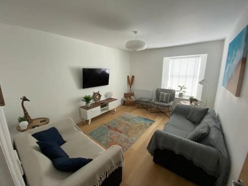 a living room with two couches and a flat screen tv at Tenby hideaway - by the beaches in Tenby