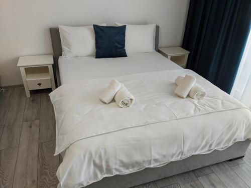 ein Schlafzimmer mit einem Bett mit zwei Kissen darauf in der Unterkunft Alina's Deluxe Apartment and free private parking in Dumbrăviţa