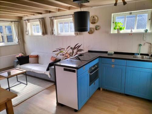 een keuken met blauwe kasten en een bank in een kamer bij De oude walnoot in Sint Pancras