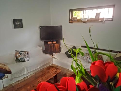 sala de estar con sofá blanco y TV de pantalla plana en Goura House Ilhabela, en Ilhabela