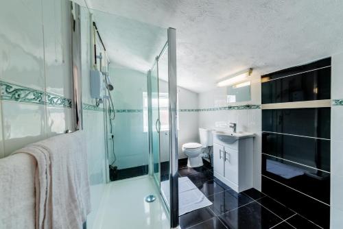 y baño con ducha de cristal y aseo. en Stylish 3-bed Apartment with Free Parking and Wi-Fi en Chatham