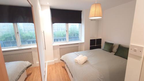 ロンドンにあるDeluxe Tower Bridge Apartmentの小さなベッドルーム(ベッド1台、窓2つ付)が備わります。