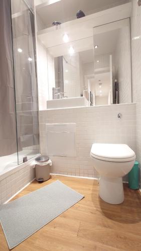 ロンドンにあるDeluxe Tower Bridge Apartmentのバスルーム(トイレ、シャワー、鏡付)