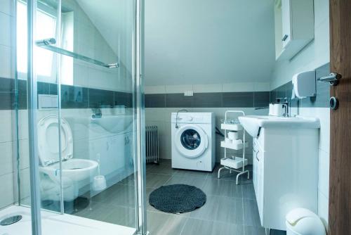 ein Bad mit einer Dusche und einer Waschmaschine in der Unterkunft Apartment Roko in Slunj
