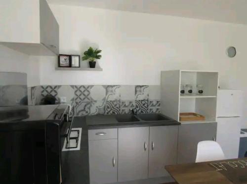 uma cozinha com armários brancos e um frigorífico preto em Gîte de la Perigourdine em Pineuilh