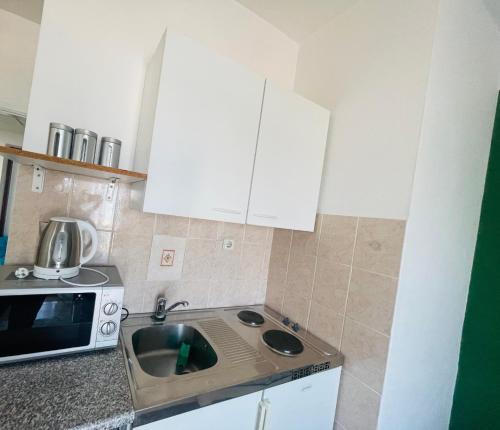 a small kitchen with a sink and a microwave at Apartments Esperanza in Pašman