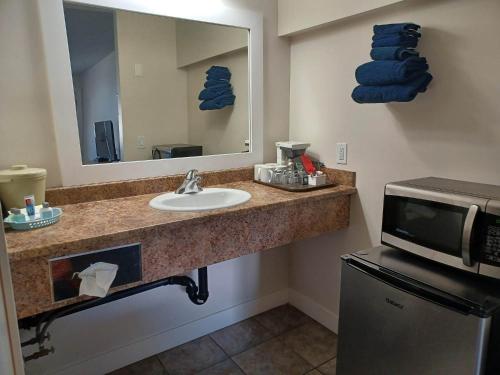 a bathroom with a sink and a microwave at Grandview Motel in Kamloops