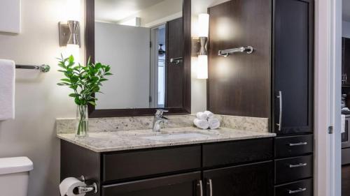 a bathroom with a sink and a mirror at Bold CozySuites with gym, roof #7 in Dallas