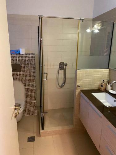 a bathroom with a shower and a toilet and a sink at Euphoria beach house in Paleo Tsifliki
