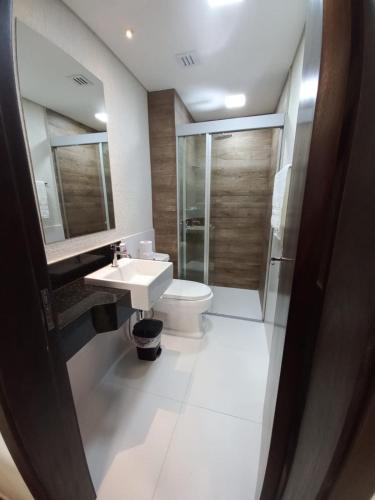 a bathroom with a toilet and a sink and a shower at Edificio Flats del sol in Asuncion