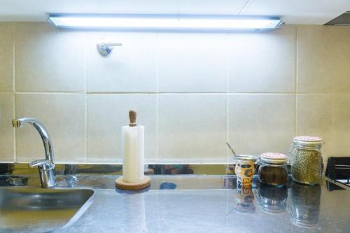 um balcão de cozinha com um lavatório e uma vela branca em Gente del Sur - Odino em Ushuaia
