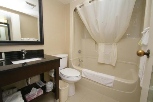 a bathroom with a toilet and a sink and a mirror at Comfort Inn in Huntsville