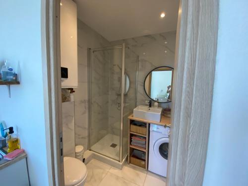 ein Bad mit einer Dusche und einer Waschmaschine in der Unterkunft Studio le Monroe les pieds dans l'eau 10 m de la mer in La Seyne-sur-Mer