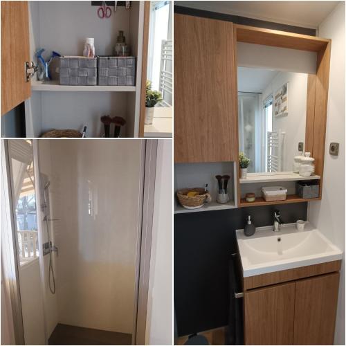 - deux photos d'une salle de bains avec lavabo et miroir dans l'établissement Mobil home privé prestige 