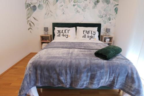 een slaapkamer met een bed met 2 kussens erop bij Apartman Tina ***** s jacuzzijem u blizini Parka prirode Papuk in Slatina
