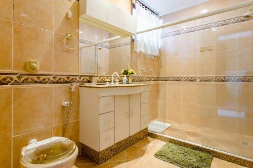 La salle de bains est pourvue de toilettes, d'un lavabo et d'une douche. dans l'établissement Pousada Dona Clô, à Rio de Janeiro