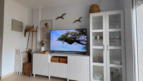 salon z telewizorem z płaskim ekranem na białej szafce w obiekcie O meo refuxio w mieście Barreiros