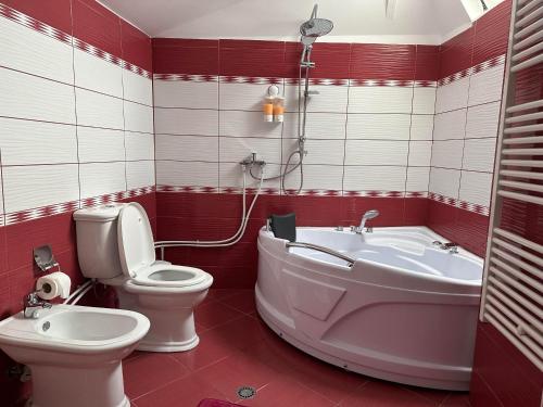 een badkamer met een toilet, een bad en een wastafel bij Guest House KrisHen in Përmet