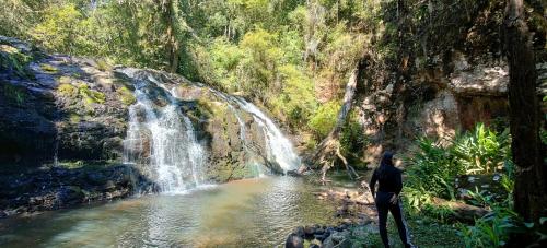 um homem parado em frente a uma cascata em Estancia Las Araucarias em Canela