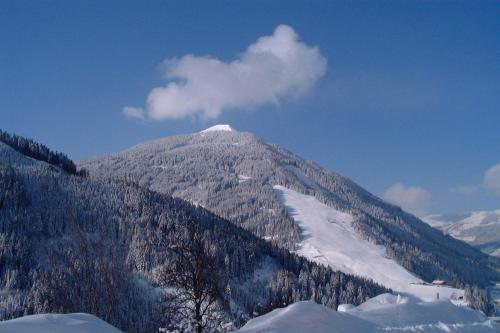 a mountain covered in snow and trees with a cloud at Landhaus Oberzinnegg in Saalbach Hinterglemm
