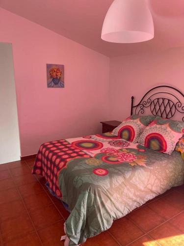 1 dormitorio con 1 cama en una habitación rosa en Casa Cris, en Aracena