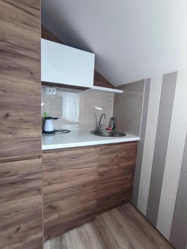 a small kitchen with a sink and wooden cabinets at Studio Apartments Maksimović in Niš