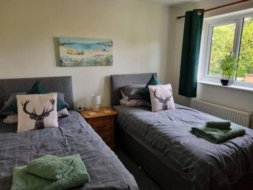 1 dormitorio con 2 camas y ventana en 41 mortimer drive, ideal location near ludlow, en Orleton