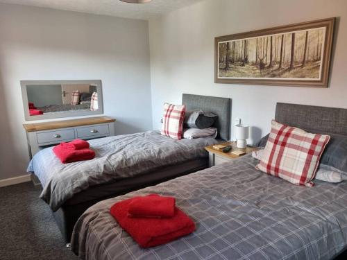 1 dormitorio con 2 camas y almohadas rojas en 41 mortimer drive, ideal location near ludlow, en Orleton