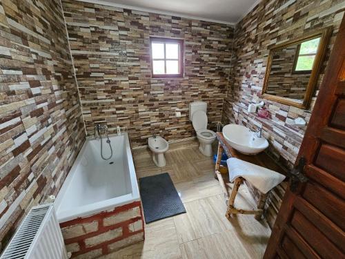 a brick bathroom with a tub and a toilet and a sink at Casa cu Turn in Sărata-Monteoru