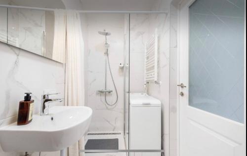 bagno bianco con lavandino e doccia di Vintage 2BED Condo-Prime Rentals a Vilnius