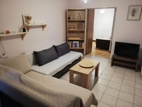 een woonkamer met een bank en een tv bij Comfortable apartment for relax. in Volos