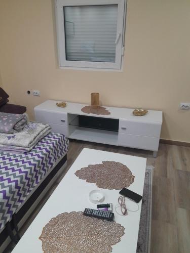 1 dormitorio con cama, escritorio y alfombra en TINA1, en Valjevo