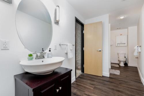 uma casa de banho com um lavatório e um espelho em CozySuites Stunning 1BR Adler Loft with Parking em Saint Louis