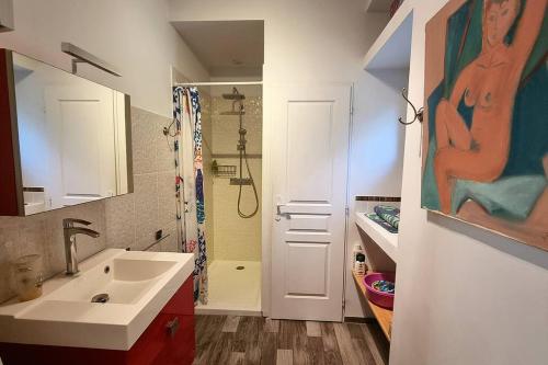 ein Badezimmer mit Waschbecken und Dusche in der Unterkunft Maison de campagne vue Étang de Thau ! in Frontignan
