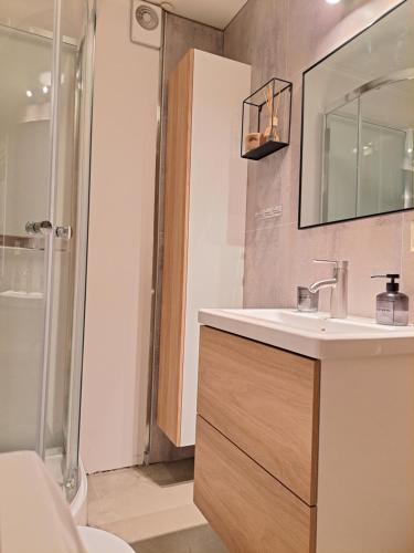 a bathroom with a sink and a mirror and a shower at H3 apartment - cozy downtown apartment in Akureyri
