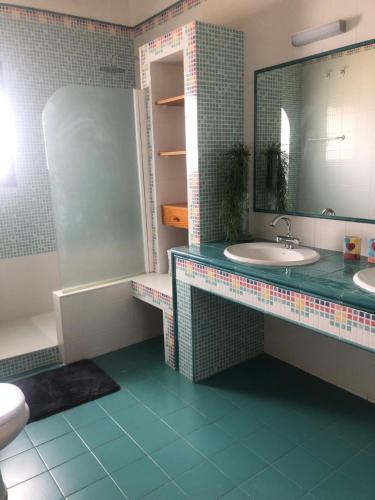 a bathroom with a sink and a mirror at Mirariu in Els Muntells