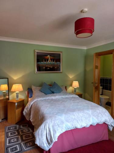 a bedroom with a large bed and two lamps at Kelmin House in Letterkenny