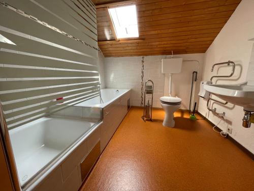 a bathroom with a tub and a sink and a toilet at Haus Silverfern in Förolach