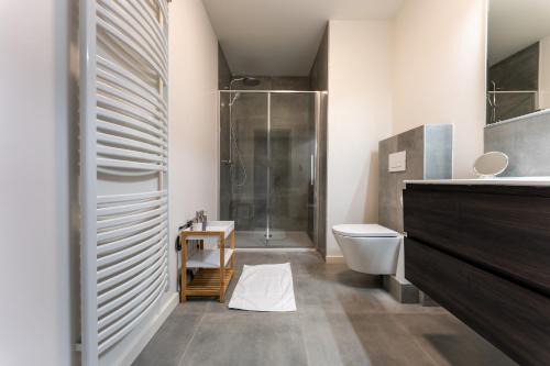 een badkamer met een douche, een toilet en een wastafel bij De Hoog Velden 14 in Neerpelt
