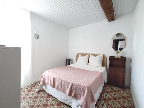 um quarto com uma cama com um cobertor rosa e uma televisão em La Casa Rosa em Opoul-Périllos