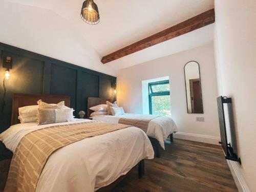 梅瑟蒂德菲爾的住宿－Falls Cottage by Solace Stays，一间卧室配有两张床和镜子