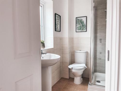 a white bathroom with a toilet and a sink at St Curigs House, by Solace Stays in Christchurch